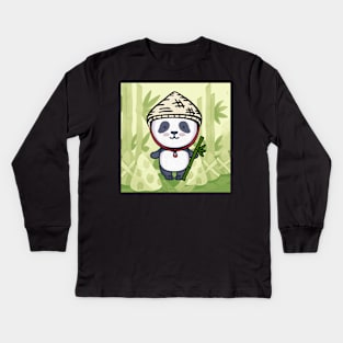 funny panda with bamboo in green panda bear Kids Long Sleeve T-Shirt